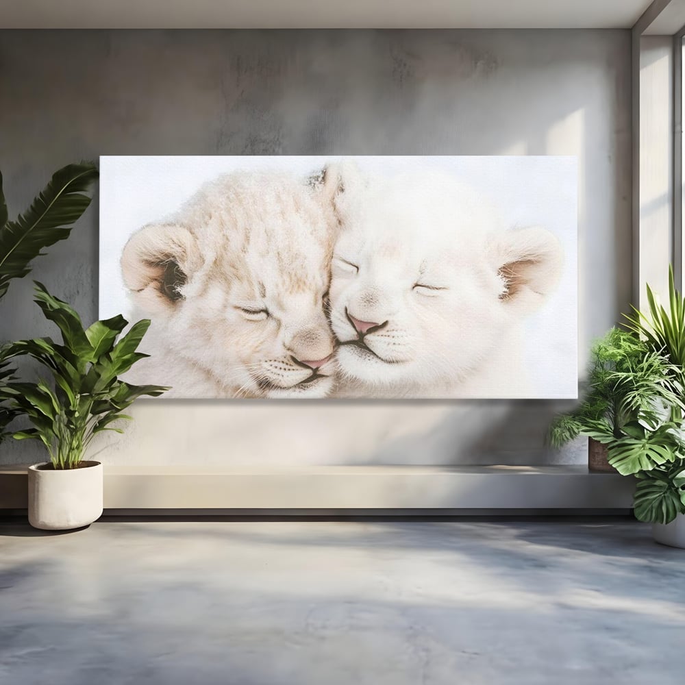 Tablou canvas cu doi pui de leu dormind imbratisati, fara rama, pe sasiu de lemn